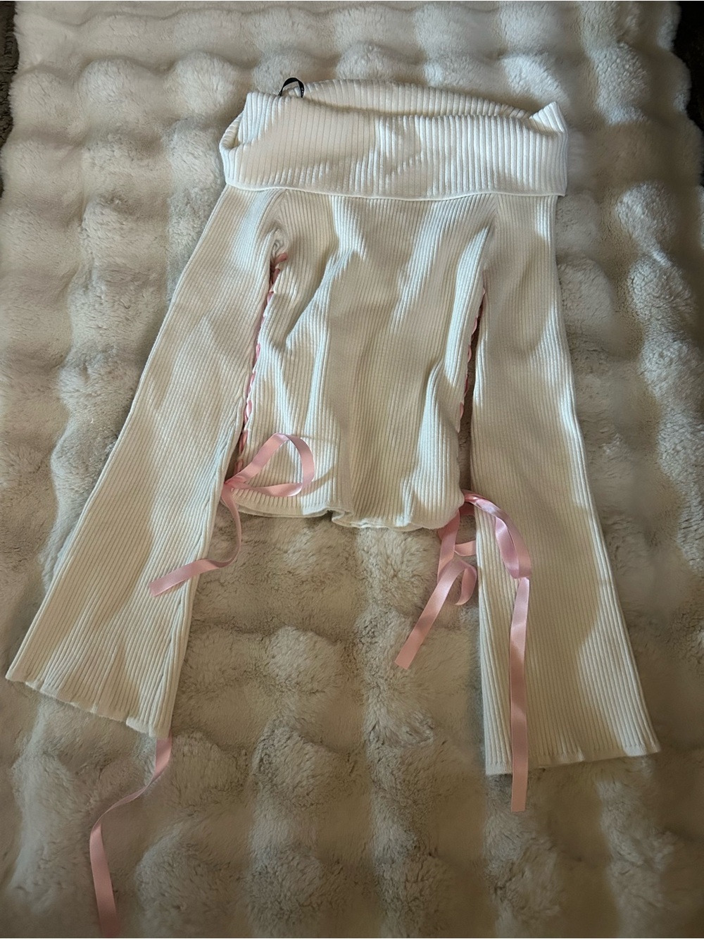 Forever 21 White Ribbed Top with Black Ribbon Trim